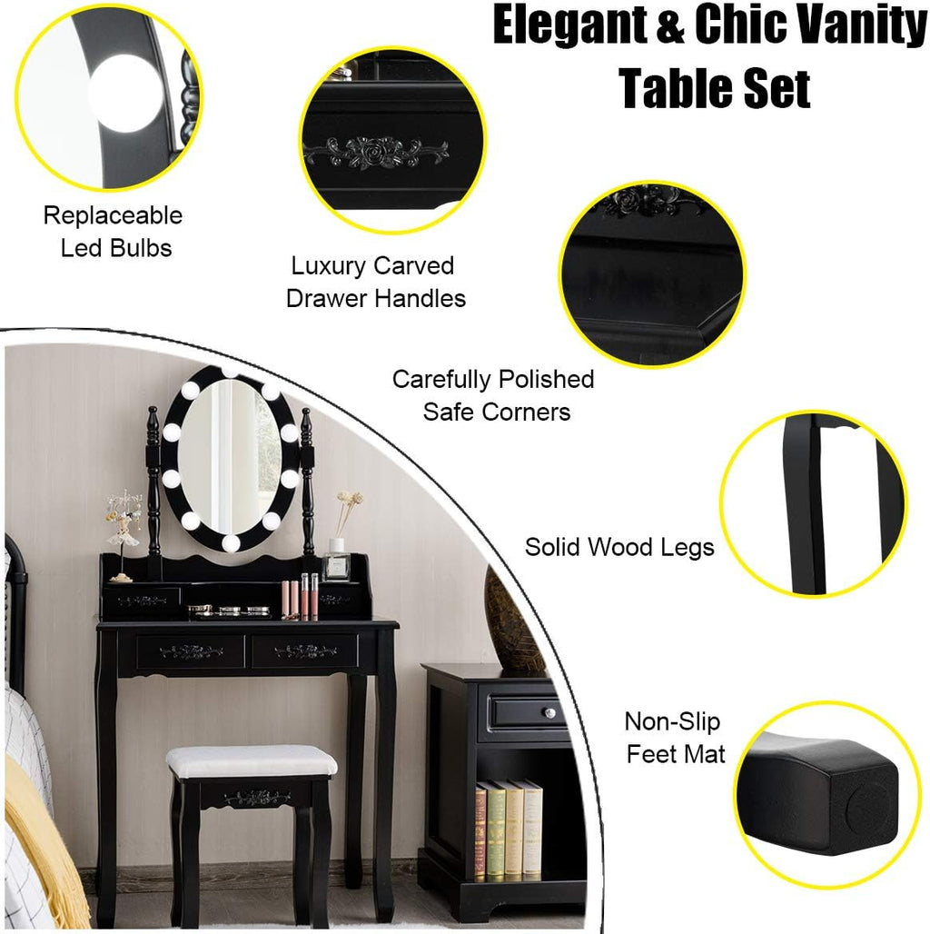 DORTALA Vanity Table Set, Makeup Dressing Table with 10 Dimmable Bulbs Lighted Mirror & 4 Drawers, Cushioned Stool, Solid Wood Leg, Classic Dressing Table Set for Home, Salon, Black