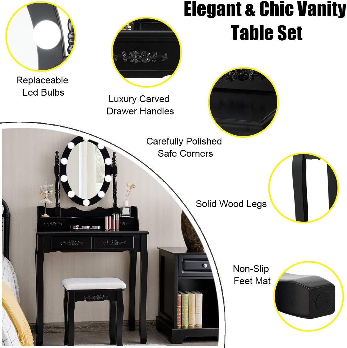 DORTALA Vanity Table Set, Makeup Dressing Table with 10 Dimmable Bulbs Lighted Mirror & 4 Drawers, Cushioned Stool, Solid Wood Leg, Classic Dressing Table Set for Home, Salon, Black