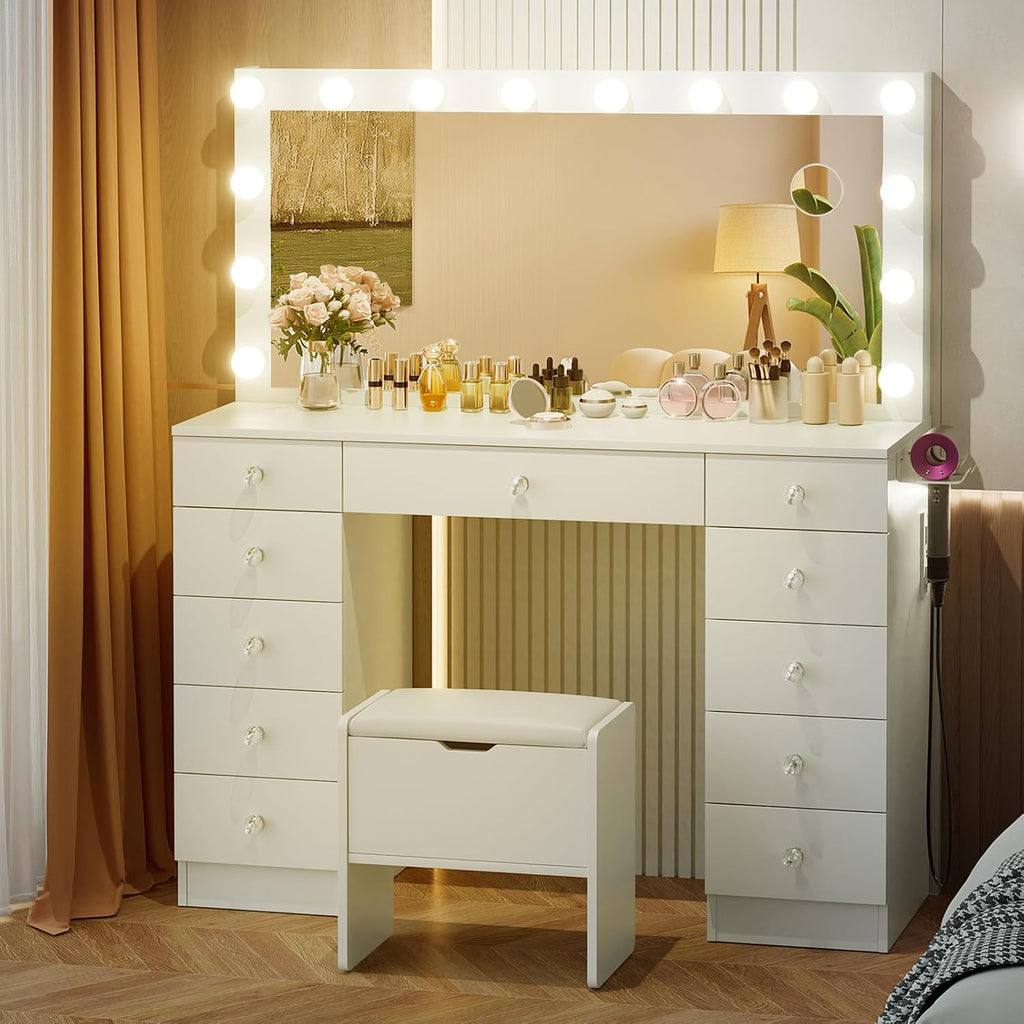 VOWNER Vanity with Lighted Mirror - Makeup Vanity Desk with 11 Drawers and Outlet, 3 Color Lighting Modes Adjustable Brightness, 46' Vanity Table with Soft Cushioned Stool for Bedroom, White