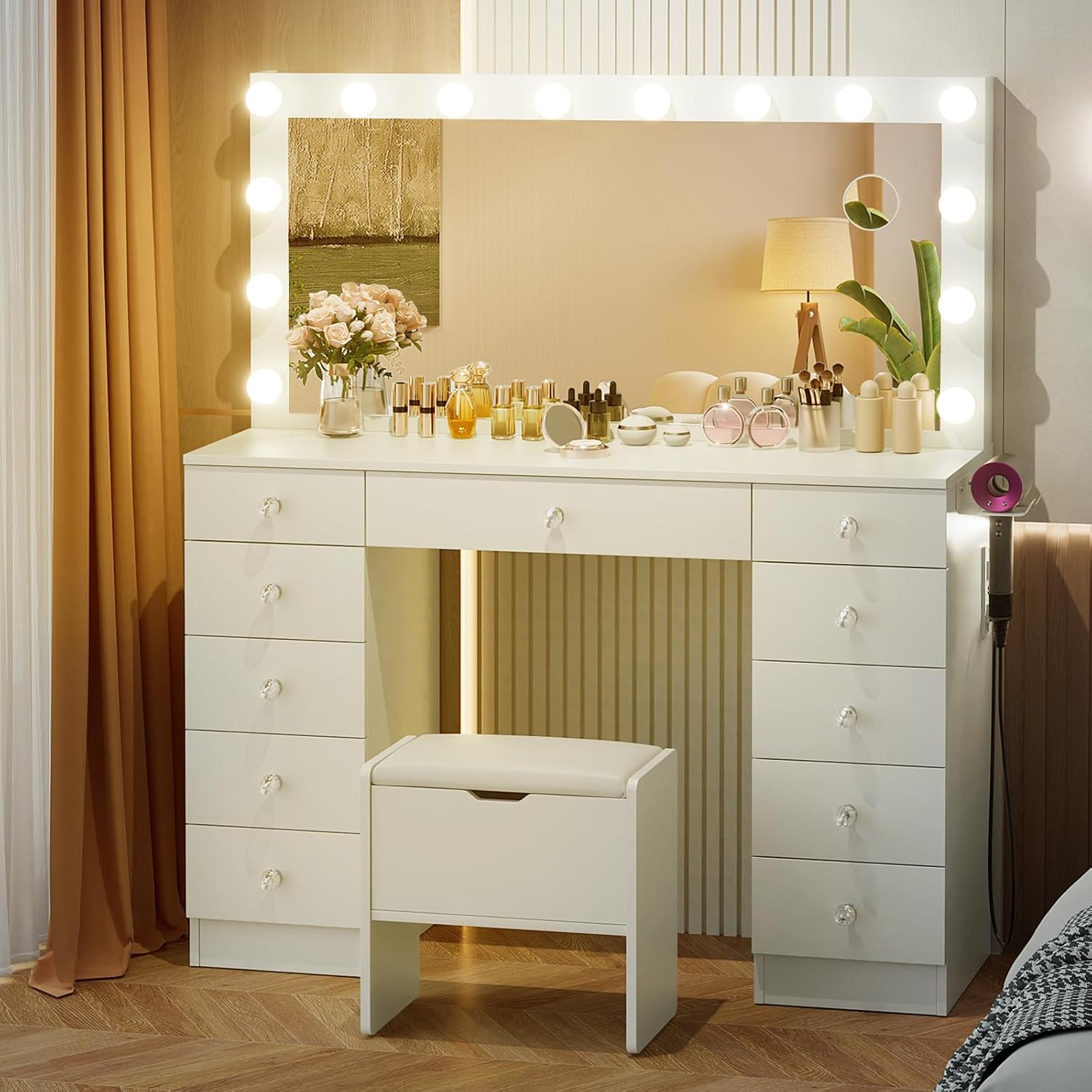 VOWNER Vanity with Lighted Mirror - Makeup Vanity Desk with 11 Drawers and Outlet, 3 Color Lighting Modes Adjustable Brightness, 46' Vanity Table with Soft Cushioned Stool for Bedroom, White