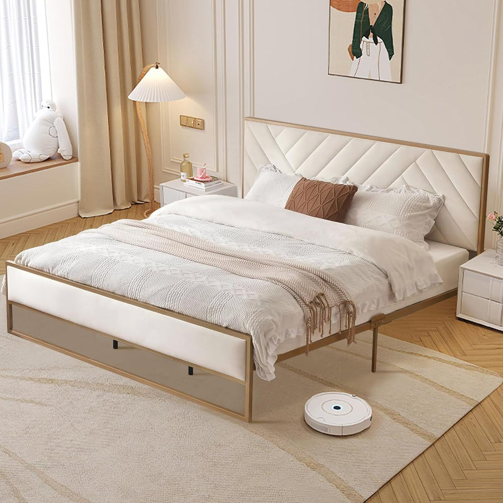 VELOCAVA Full Metal Upholstered Bed with Geometric Headboard, Velvet Platform Bed with 10'' Under Bed Storage Supported by Metal Base and Wooden Slats, No Box Spring Needed, Gold&Cream