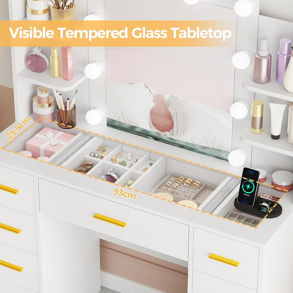 BEWISHOME Makeup Vanity Desk with Mirror and Lights White Vanity Table with Glass Top Power Outlet Stool,Makeup Desk with 9 Drawers and 4 Storage Shelves,Dressing Table for Bedroom Women FST39W