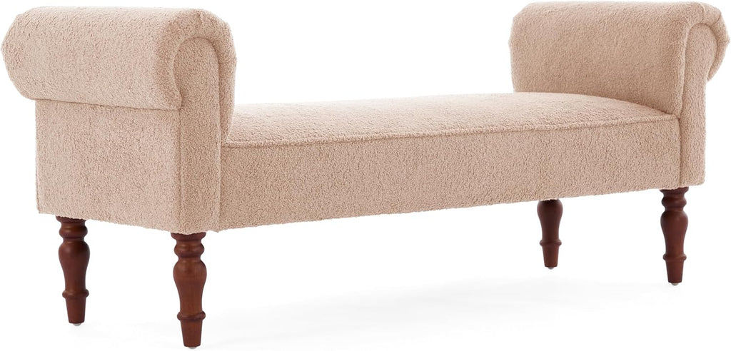 Merax 59' Upholstered Teddy Bench with Rolled Arms, End of Bed Bench with Cushion & Solid Wood Legs for Bedroom, Living Room, Entryway, Light Khaki