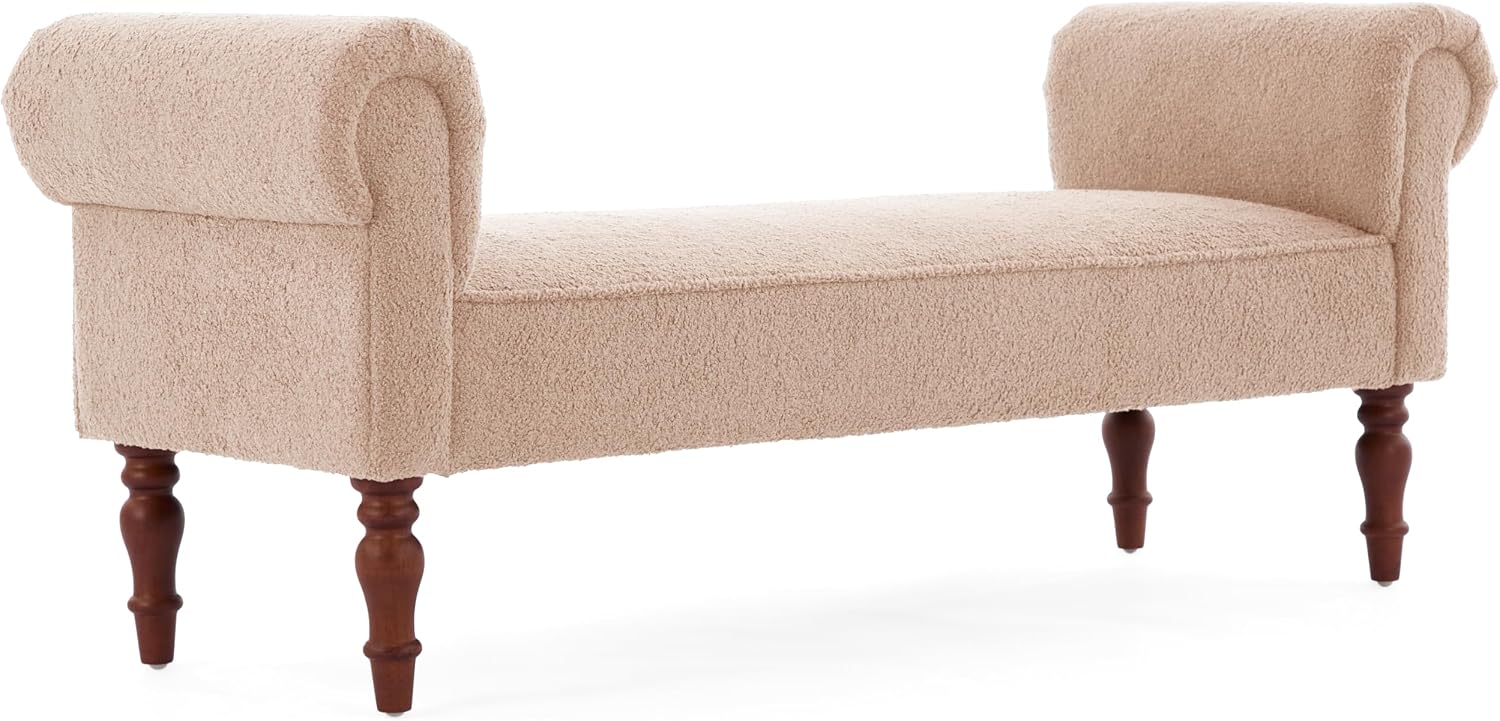 Merax 59' Upholstered Teddy Bench with Rolled Arms, End of Bed Bench with Cushion & Solid Wood Legs for Bedroom, Living Room, Entryway, Light Khaki