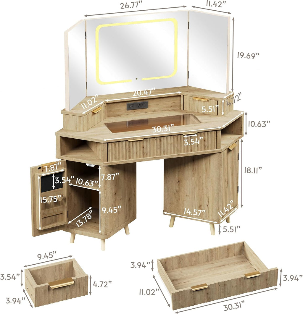 ENSTVER Corner Vanity with Clear Glass Top, 47' Corner Makeup Vanity Desk with Large Mirror and Lights, Fluted Wooden Vanity Wall-Mounted Jewelry Storage for Bedroom, Oak