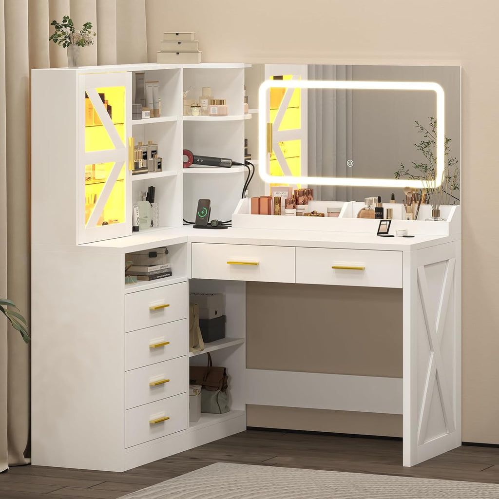 L-Shaped Corner Vanity Desk with LED Lighted Mirror & Charging Station, White Makeup Vanity with 6 Drawers & Sliding RGB Cabinet, Large Farmhouse Dressing Table with Open Storage Shelves for Women