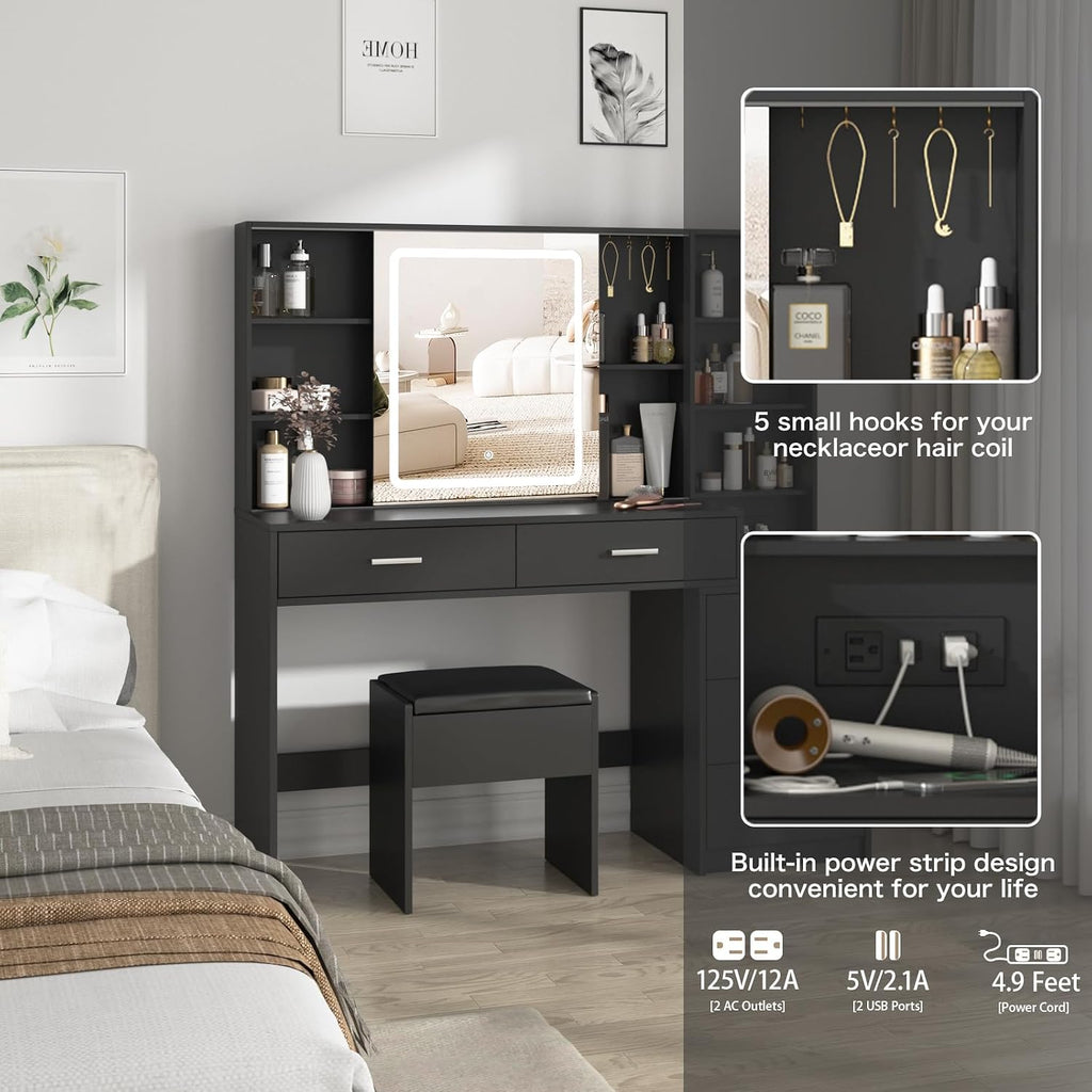 Fameill Vanity Desk with Mirror and Lights, Makeup Vanity with 5 Drawers, Makeup Desk with Charging Station and Ample Storage, Dressing Table with Chair for Bedroom Room (Black)