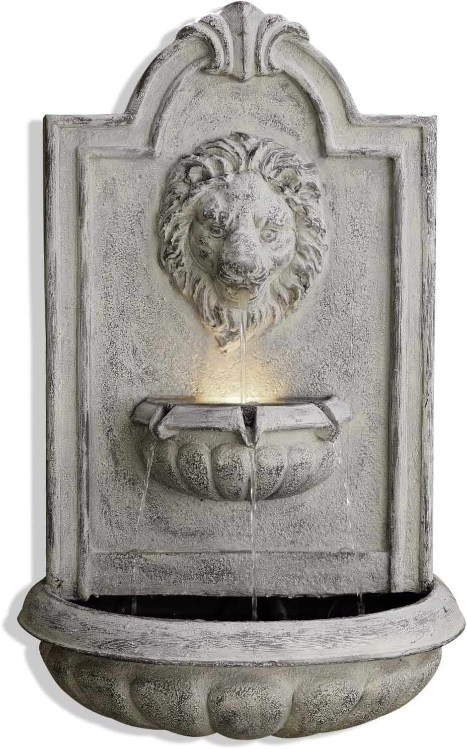 Lion Head Wall Hanging Fountain, 27.5' H Classic Outdoor Wall-Mounted Water Feature, Resin Antique Garden Wall Fountain with LED Light & Water Basin for Patio, Porch, Yard & Courtyard Décor