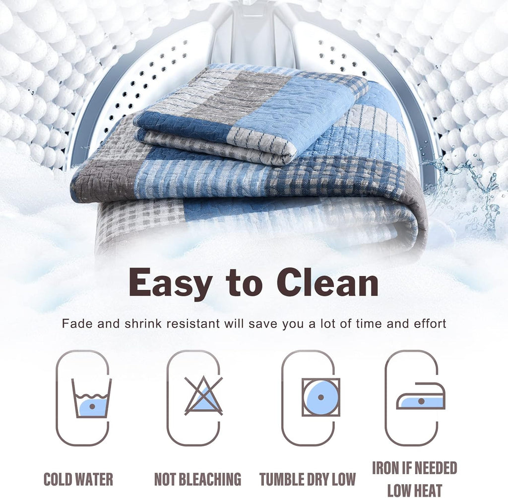 Y-PLWOMEN Plaid Quilt King Size - 100% Cotton Farmhouse King Quilt with 2 Pillow Shams, Lightweight Breathable Quilted Bedspreads Bedding Set, Blue Navy, King(98 * 106 Inch)
