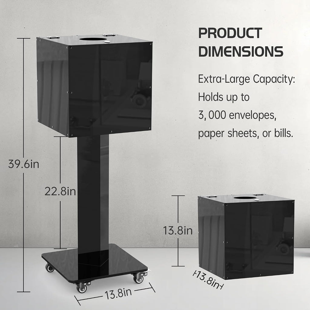 Extra Large Acrylic Raffle Box with Mobile Base & Locking Casters, 39.6' Tall, 13.8' Cube, Thickened Ticket Box with Lock for Lottery Games, Bingo, Raffle Balls