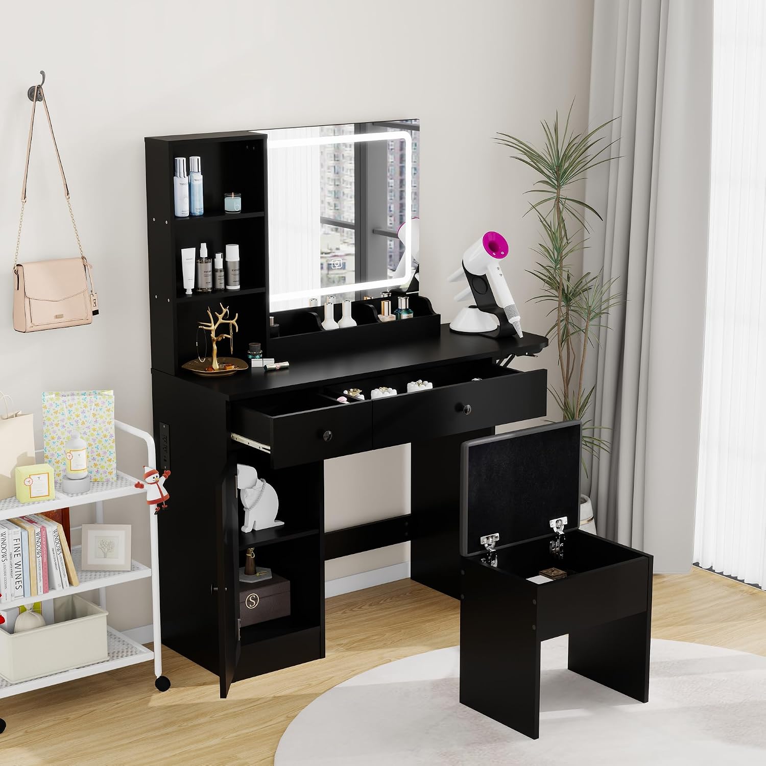 Panana Vanity Desk Set with Mirror and LED Lights, Makeup Table with 2 Drawers & 1 Cabinet, Power Outlet, Storage Cushioned Stool, Dressing Table for Bedroom (Black)