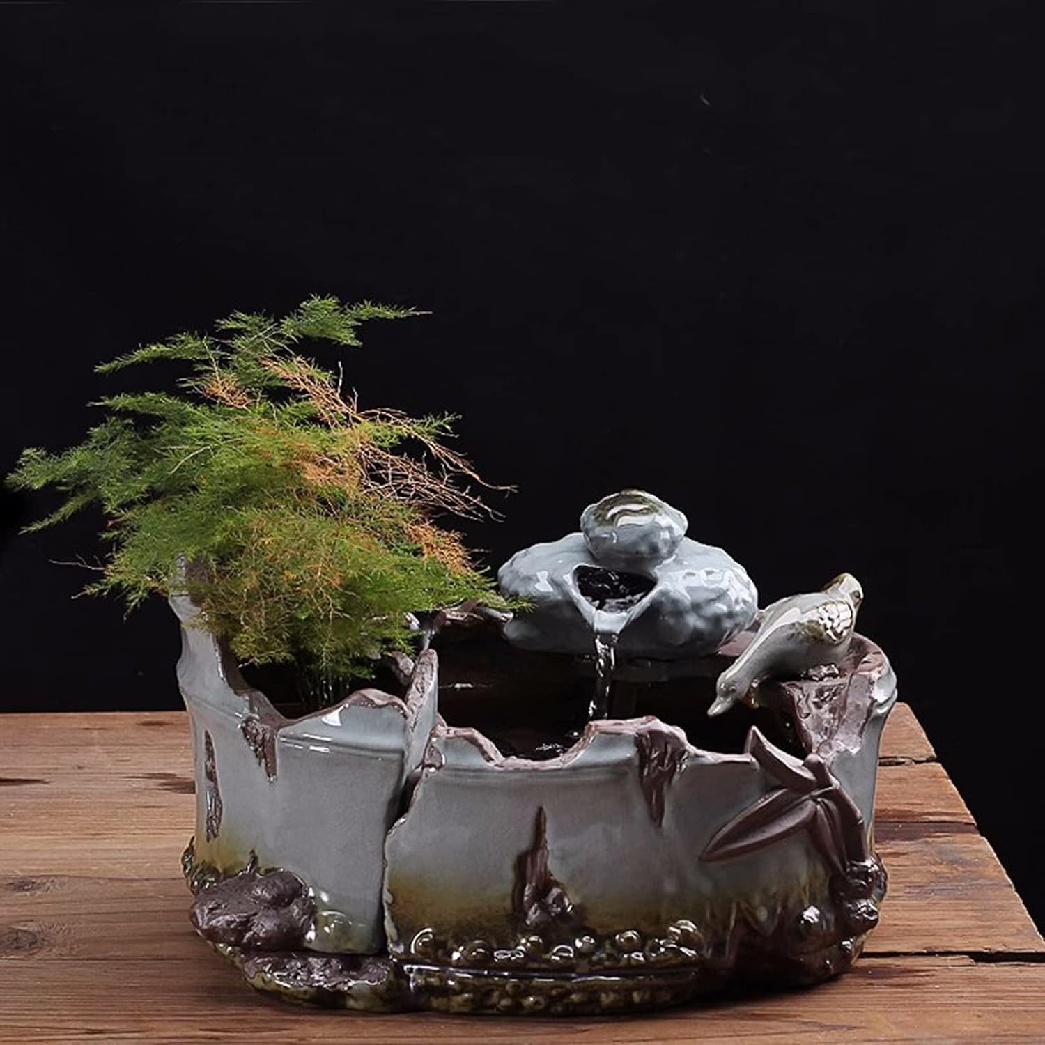Tabletop Fountains Ceramic Tabletop Fountain Ceramic Fountain with Imitation Old Bamboo Basin Design for Indoor and Outdoor Table Desk Office Patio Decoration Indoor Water Fountains