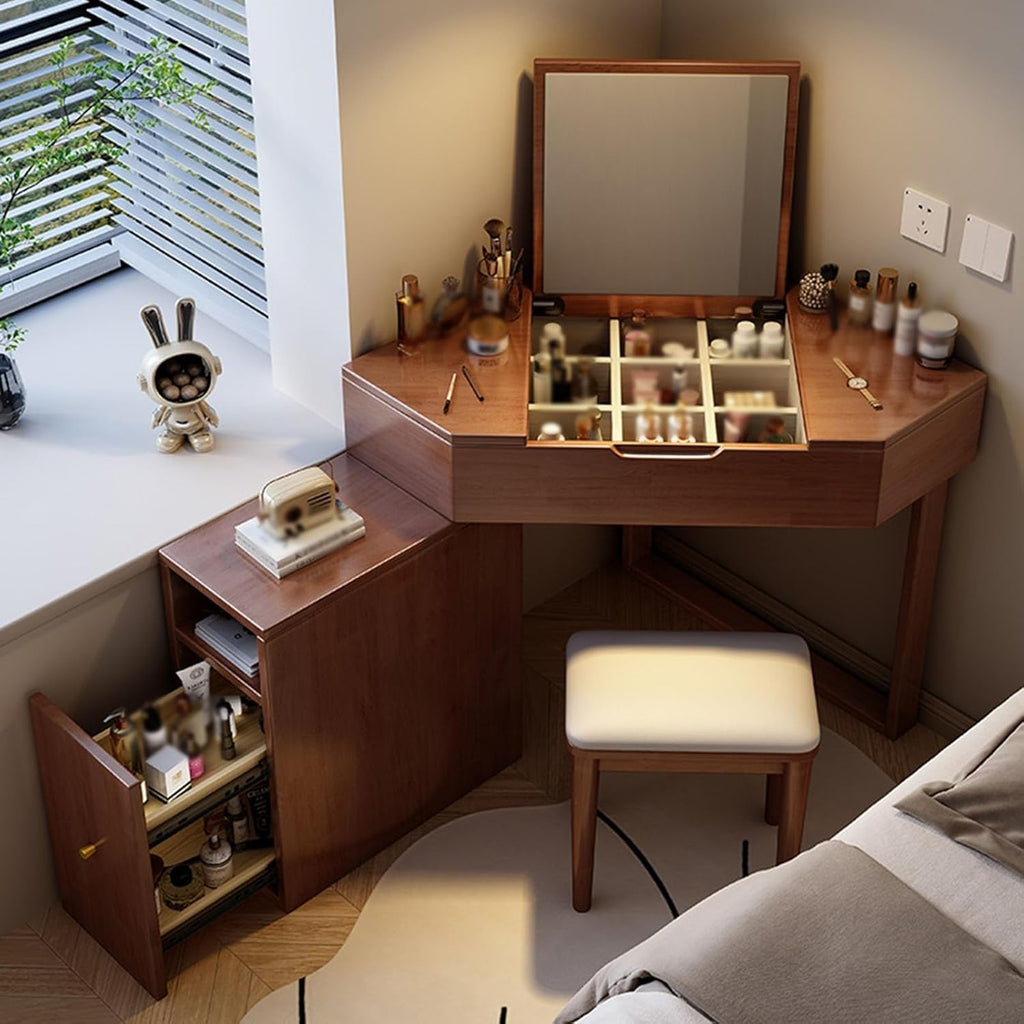 Walnut Modern Corner Vanity Desk with Mirror, 3 Drawers, Wood Makeup Vanity, Large Vanity Table, Storage Bench, 70 x 70 x 75CM,Walnut