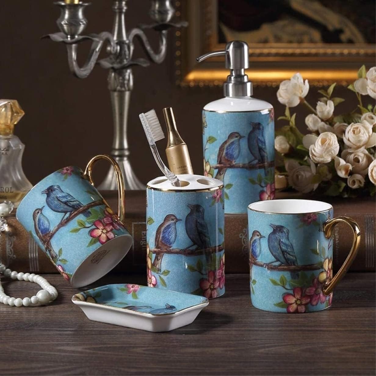 Vanity Bathroom Decor, Bathroom Accessory Sets Dream Blue Bathroom Five-Piece European Ceramic Mouth Cup Bathroom Toothbrush Cup Housewarming Gift