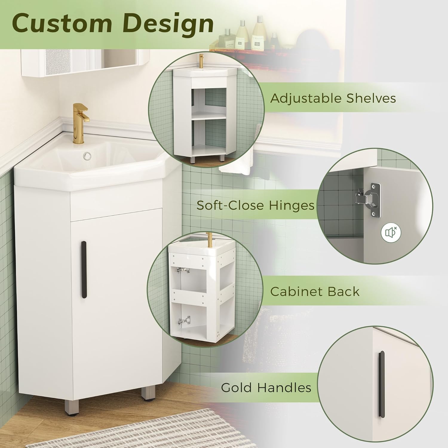 Findepot 24' Corner Bathroom Vanity Sink Combo for Small Space Freestanding Compact Space Bathroom Storage Cabinet with White Ceramic Sink, Adjustable Shelf and Black Handle, White