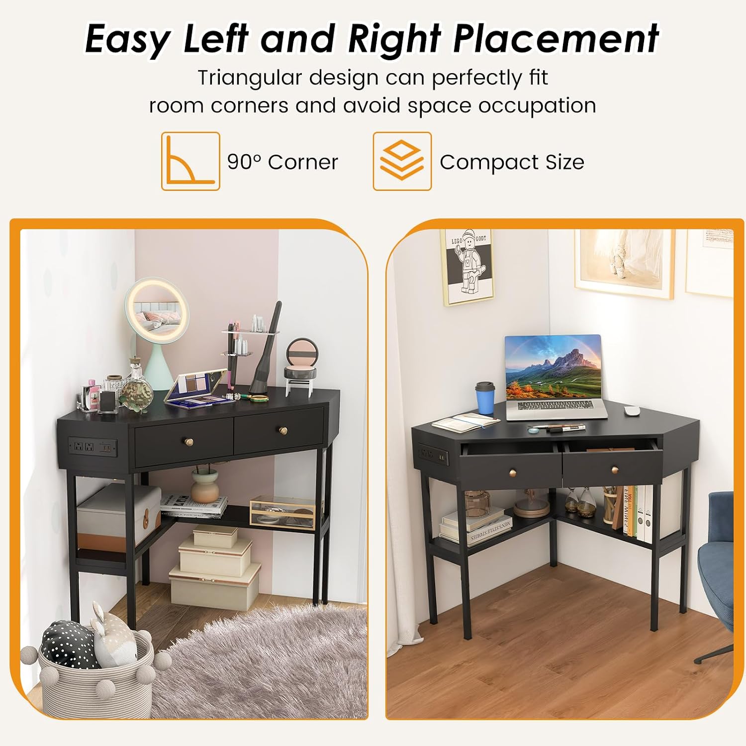 Corner Desk with Charging Station, 90° Triangle Desk w/ 2 Drawers, Storage Shelves, Corner Vanity Table for Bedroom, Compact Computer Desk for Small Space
