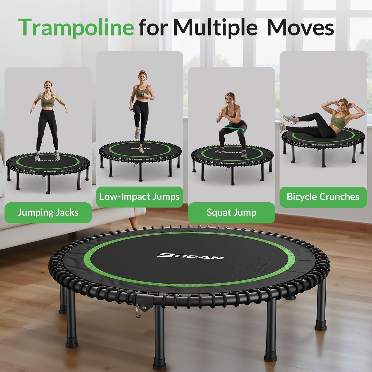 BCAN 450/550LBS Mini Rebounder Trampoline for Adults, 40'/48' Foldable Fitness Trampoline with Bungees, Quiet & Stable Exercise Trampoline Indoor/Home/Garden (BT2, Without Handle)