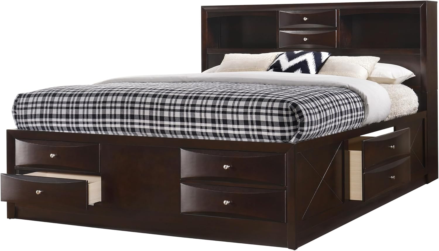 5pc Master Bedroom Set Brown Cherry Finish Solid Wood Platform King Size Captain's Bed Wooden Furniture