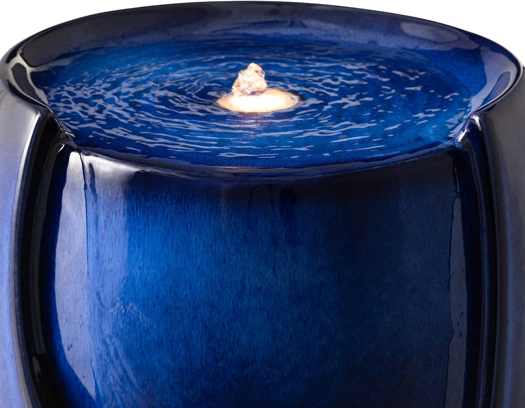 Glitzhome 29.25' H Outdoor Water Fountain Ceramic Jar Water Fountain with LED Light and Submersible Pump Vase Freestanding Water Fountain for Patio Garden Yard Art Decor, Cobalt Blue