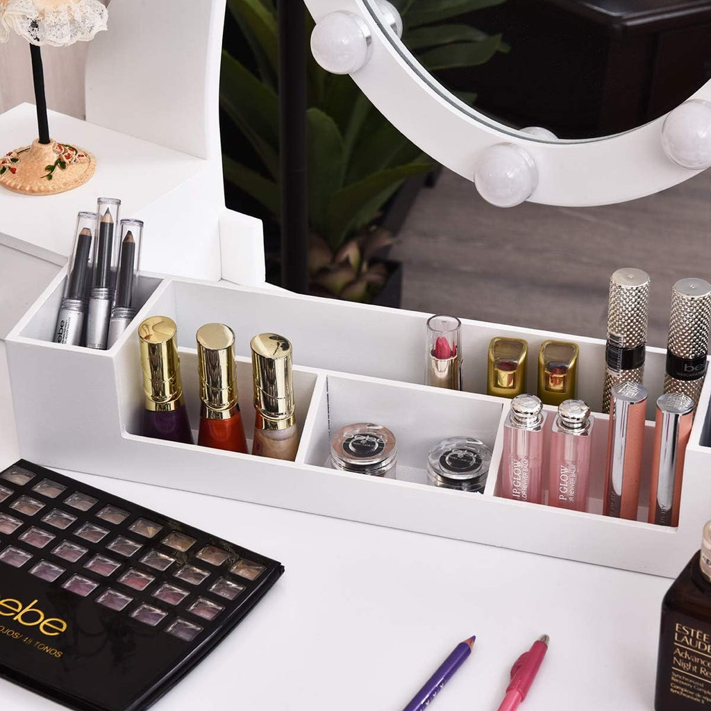 CHARMAID Makeup Vanity Table with Lighted Mirror, Vanity Desk with 10 LED Lights, Adjustable Brightness, 5 Drawers and Removable Storage Organizer, Bedroom Dressing Table with Stool (White)