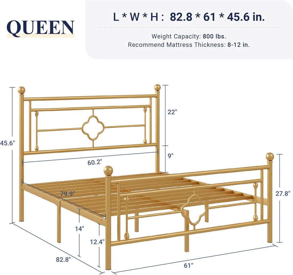 Allewie Queen Size Metal Platform Bed Frame with Victorian Vintage Headboard and Footboard/Mattress Foundation/Under Bed Storage/No Box Spring Needed/Noise-Free/Easy Assembly, Gold