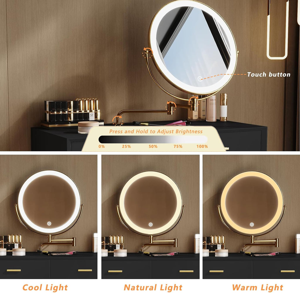Vanity Desk with Adjustable Mirror and Lights, Makeup Vanity with 2 Drawers and Chair, Small Dressing Table with Leather Surface for Bedroom, 3 Lighting Modes (Black)