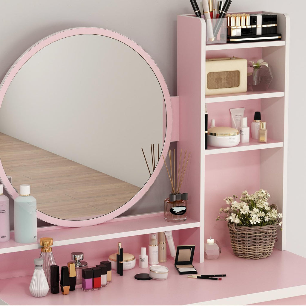FUFU&GAGA Pink Vanity Set with Round Mirror, Makeup Vanity Bedroom Dressing Table with 5 Drawers, Shelves, Dresser Desk and Cushioned Stool