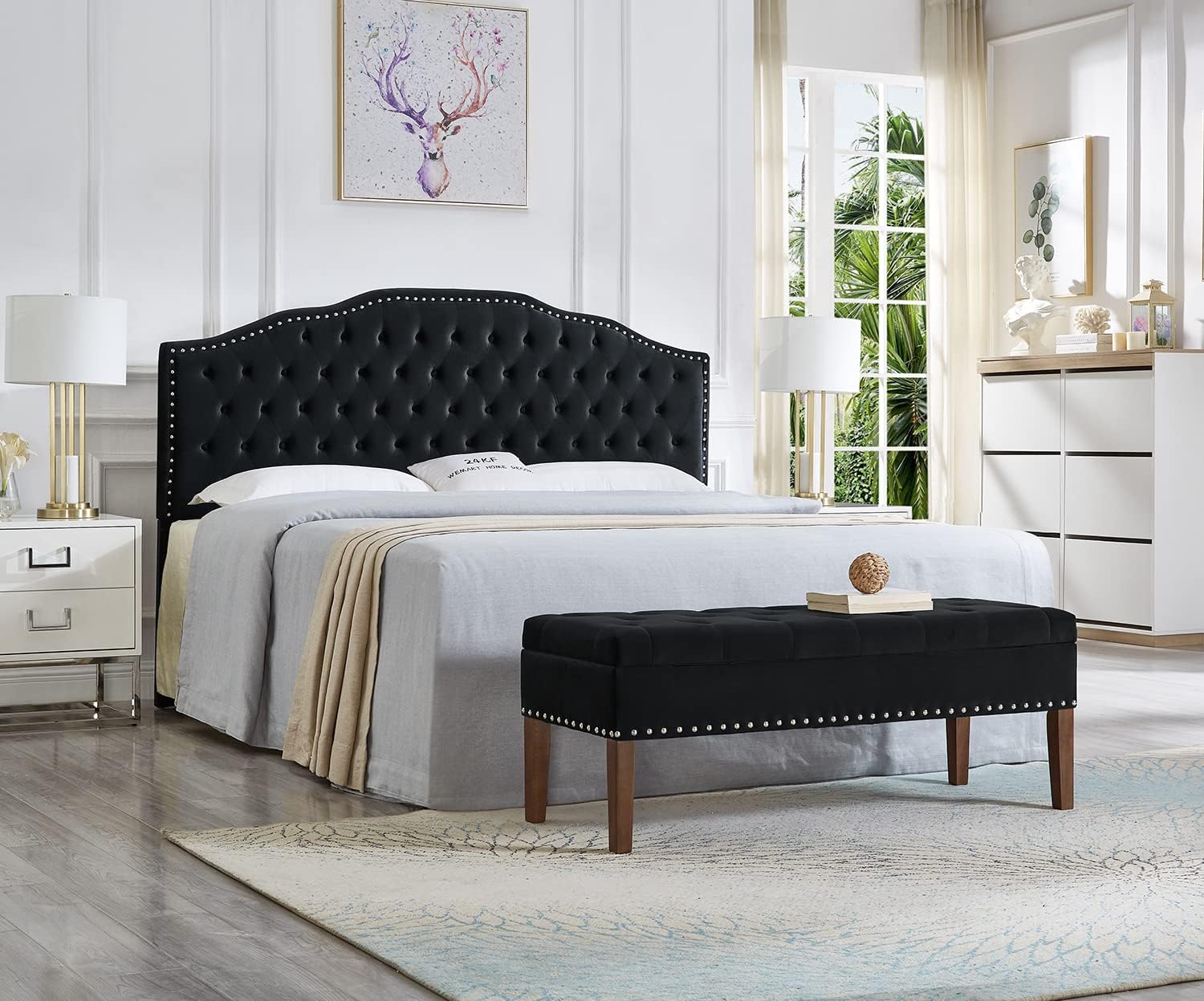24KF Upholstered Button Tufted King Size Headboard with Nailhead Trim, Soft Velvet Fabric Headboard King/Cal King Size-Black