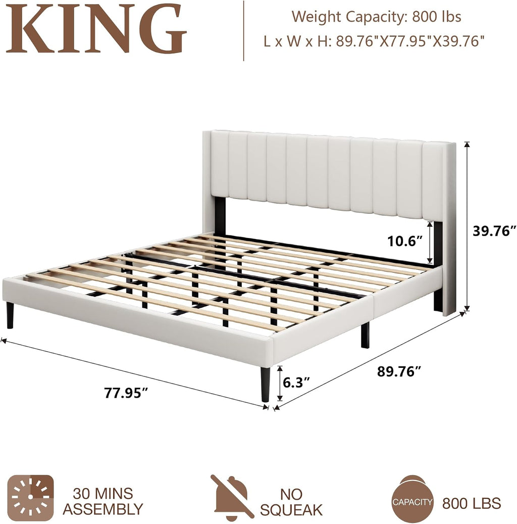 Sismplly King Size Bed Frame and Headboard,Vertical Channel Tufted Wingback No Box Spring Needed, Mattress Foundation, Easy Assembly White