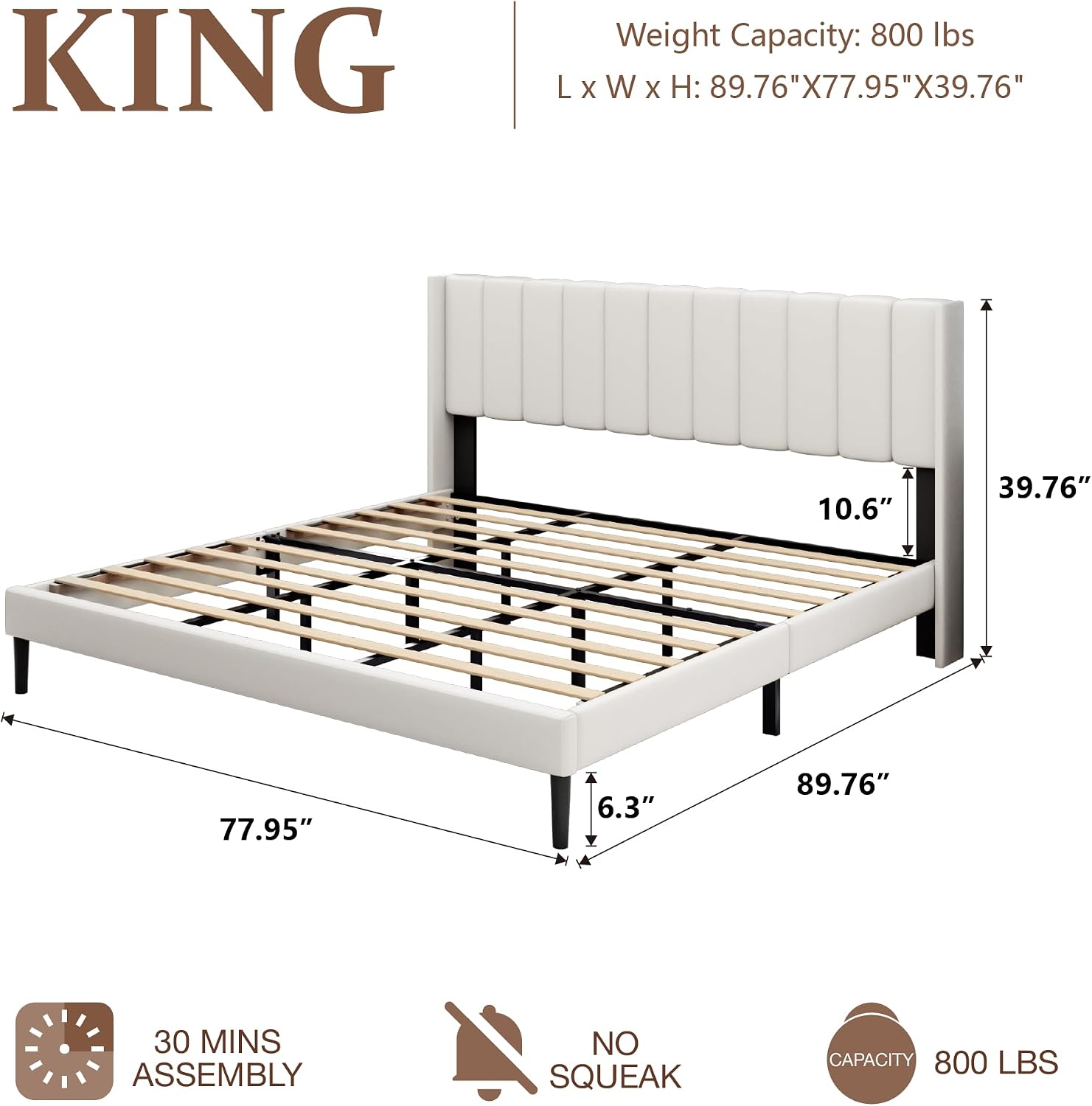 Sismplly King Size Bed Frame and Headboard,Vertical Channel Tufted Wingback No Box Spring Needed, Mattress Foundation, Easy Assembly White