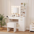 Makeup Vanity with Mirror and Lights, 37' Small Vanity Desk with Power Outlet, 3 Colors & Adjustable Brightness, White Vanity Set with 3 Drawers, Cabinet & Cushioned Chair