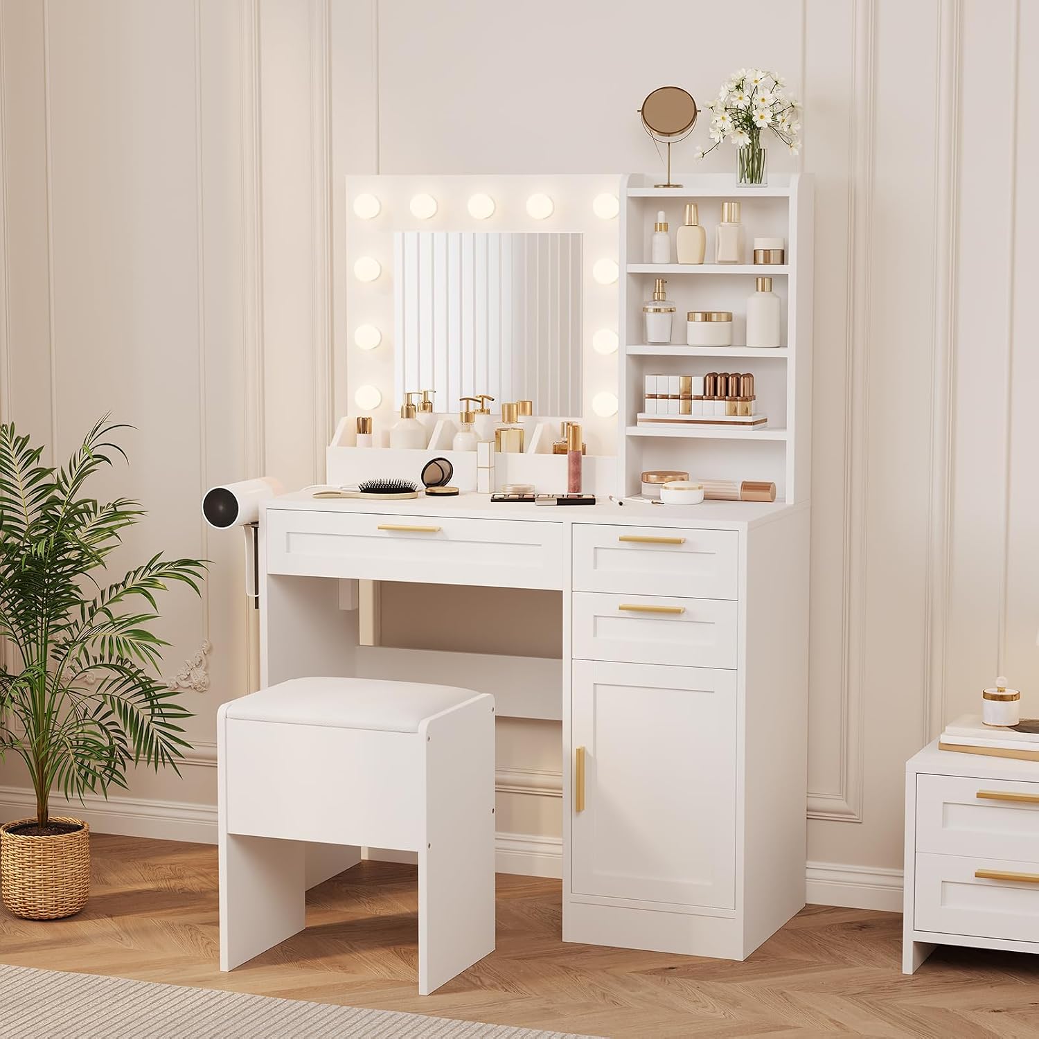 Makeup Vanity with Mirror and Lights, 37' Small Vanity Desk with Power Outlet, 3 Colors & Adjustable Brightness, White Vanity Set with 3 Drawers, Cabinet & Cushioned Chair
