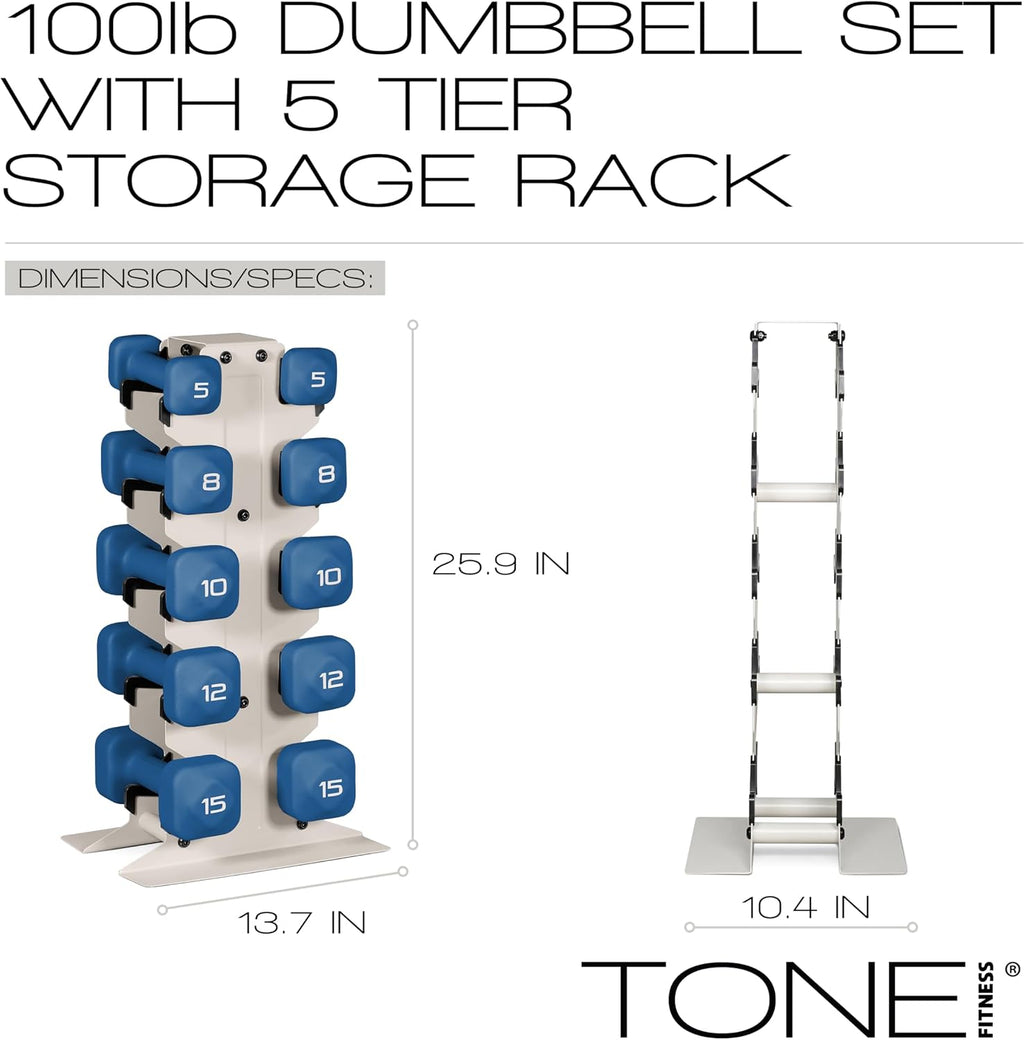 Tone Fitness Neoprene Dumbbell Set with Storage Rack – Non-Slip, Anti-Roll Hand Weights for Home Gym Workouts | 20 lb, 32 lb, 50 lb, 60 lb & 100 lb Options