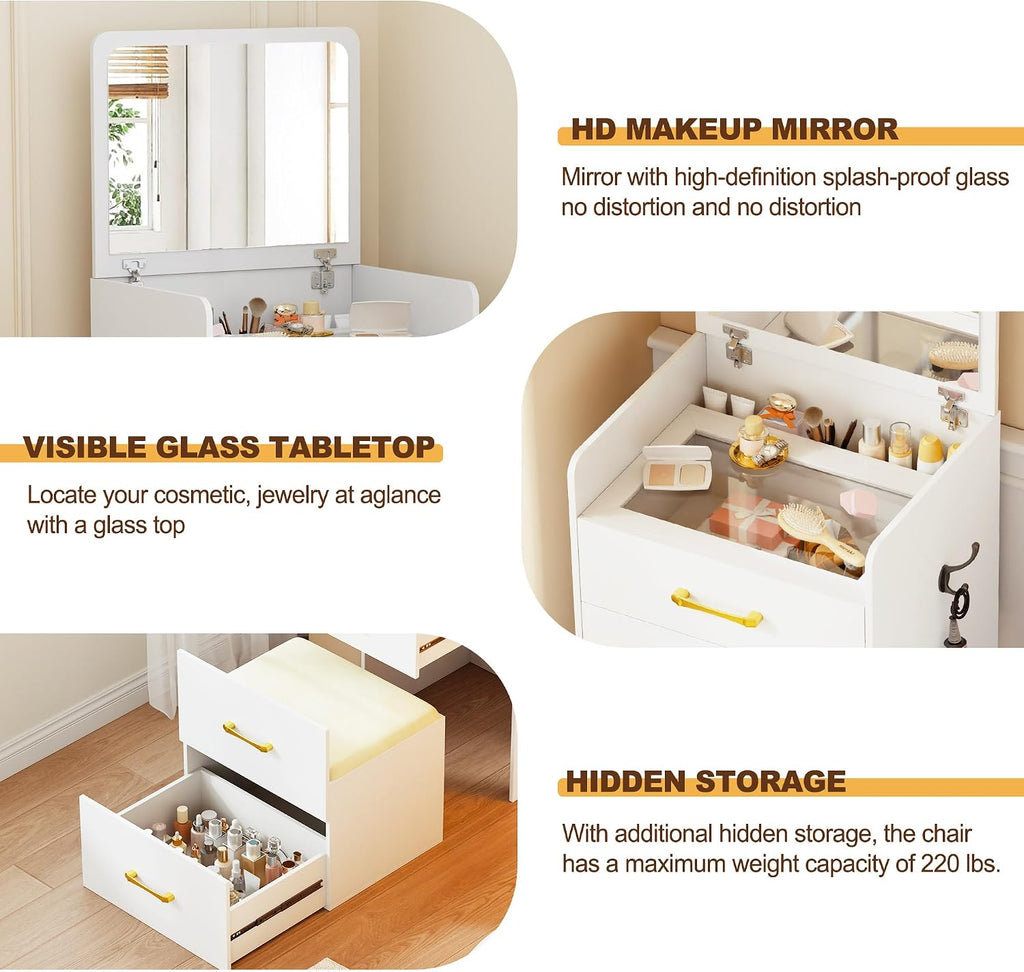 Lvifur 3-in-1 Vanity Desk with Flip Top Mirror, Makeup Vanity Table with Cushioned Stool for Small Space, Compact Dressing Table, Vanity Set for Bedroom