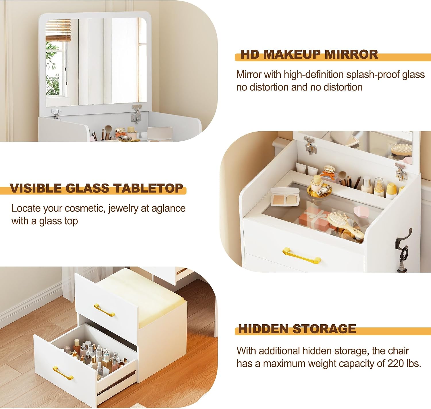 Lvifur 3-in-1 Vanity Desk with Flip Top Mirror, Makeup Vanity Table with Cushioned Stool for Small Space, Compact Dressing Table, Vanity Set for Bedroom