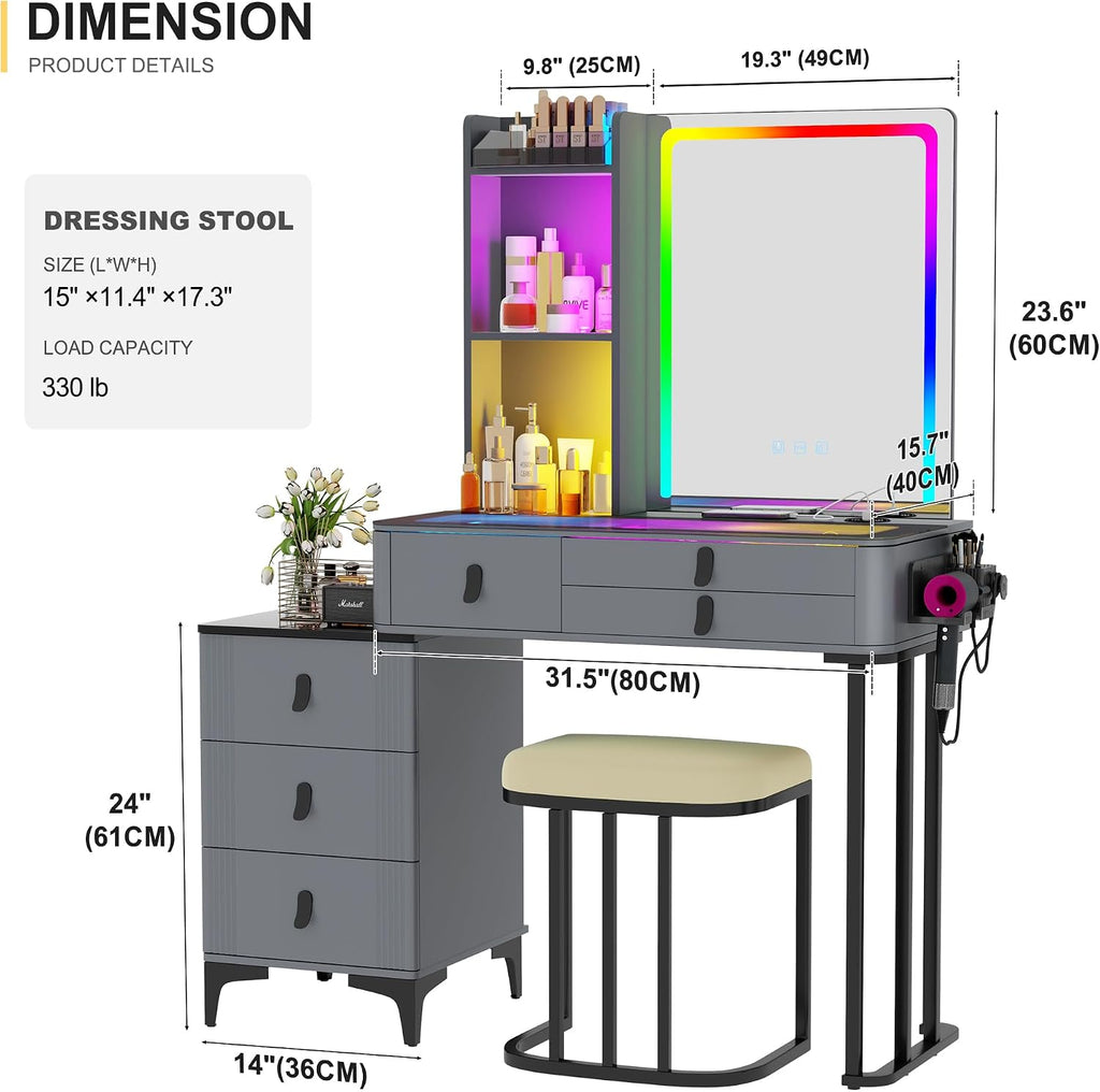 RGB Vanity Desk with Mirror and Lights, Glass Top Makeup Vanity Table with Wireless Charging Station, Dressing Table with Chair & 6 Drawers (Grey)