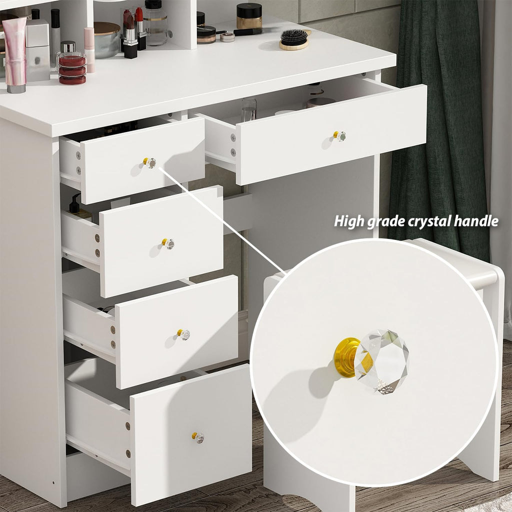 FUFU&GAGA Vanity Set with Mirror, Makeup Vanity Dressing Table with 5 Drawers, Shelves, Dresser Desk and Cushioned Stool Set (White)