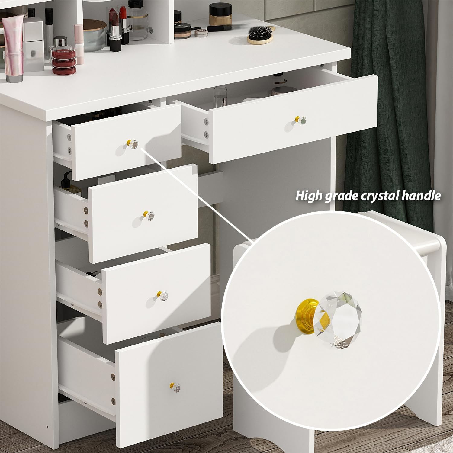 FUFU&GAGA Vanity Set with Mirror, Makeup Vanity Dressing Table with 5 Drawers, Shelves, Dresser Desk and Cushioned Stool Set (White)