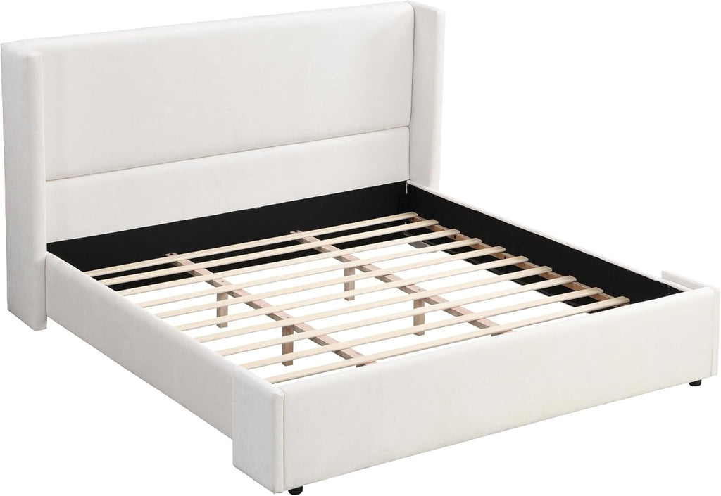 King Size Upholstered Bed Frame with Tall Headboard, Elegant White Fabric Platform Bed, Sturdy Wood Slats Support, No Box Spring Needed, Modern Bedroom, King, White