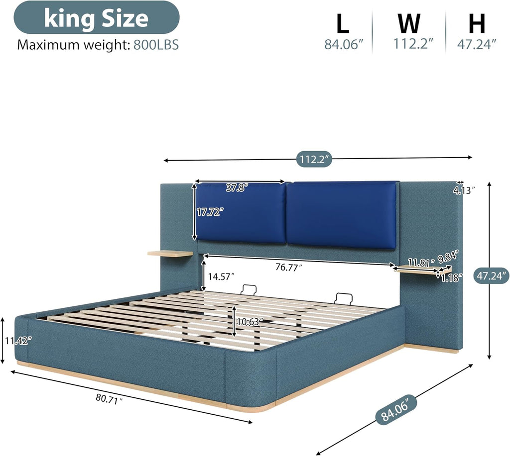 Luxury Bed Frame with Nightstands Modern Bedroom Set, Blue King Size Floor Platform Bed with Oversize Soft Upholstered Tall Headboard Bedframe, No Box Spring Needed (Blue, King)