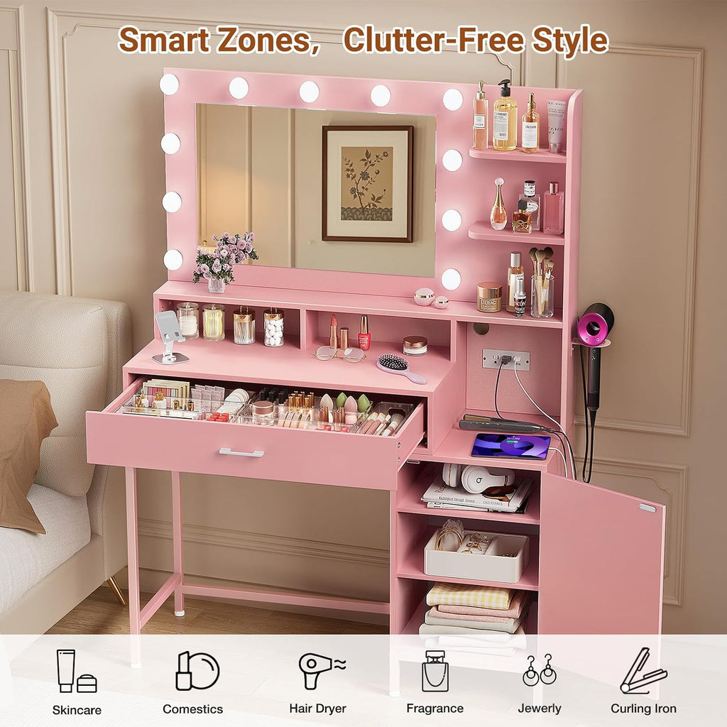Driftalia Vanity Desk with Mirror and Lights, Makeup Vanity with Storage Drawer, Power Outlet and Large Cabinet for Bedroom - Pink