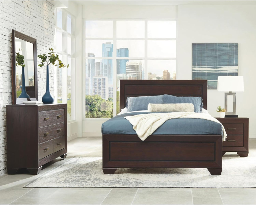Oatfield Dark Cocoa 4-Piece Eastern King Bedroom Set - Transitional Wood-Paneled Bedroom Furniture