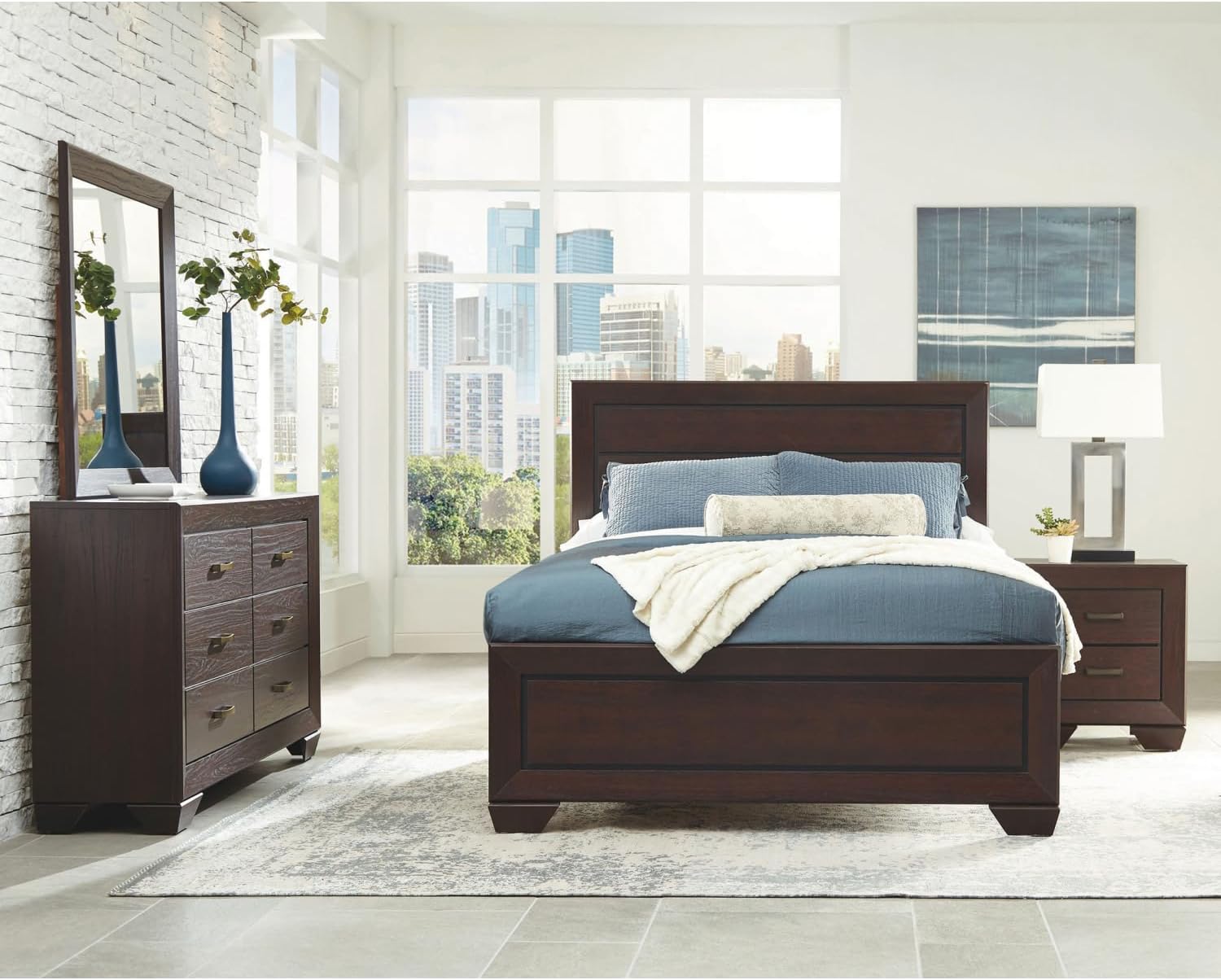 Oatfield Dark Cocoa 4-Piece Eastern King Bedroom Set - Transitional Wood-Paneled Bedroom Furniture
