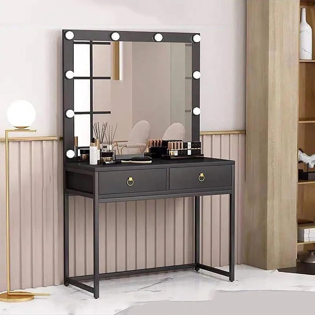 Vanity Desk with Lighted Mirror,Cosmetic Bedroom Dresser Make Up Desk,Vanities Benches Table Set with Large Tabletop,Free Make-up Organizer (Color : Black, Size : 120cm)