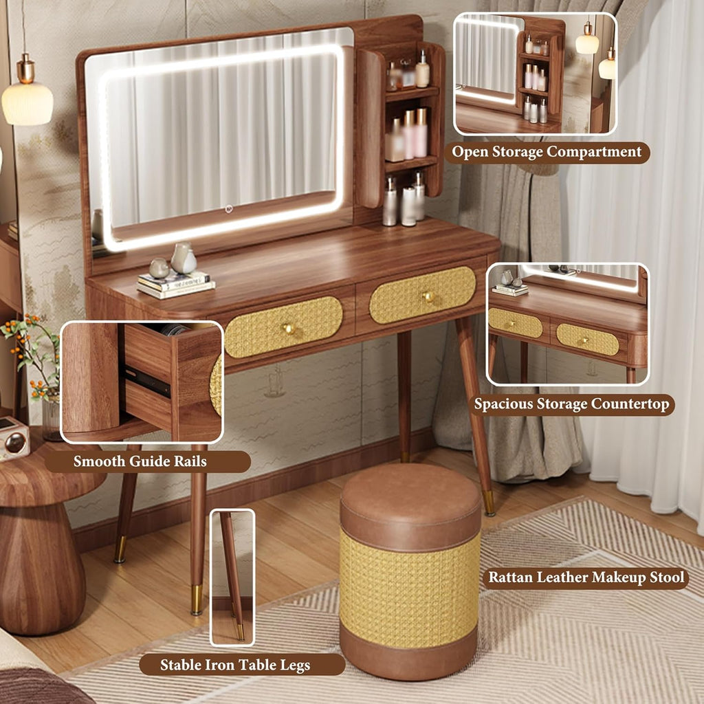 Vanity Mirror with Lights,small Make Up Vanity Desk Medieval Style,with 3 Color Touch Screen Dimming Mirror,with 1 Drawers,Large Vanity Tabel Set,Storage Bench Bedroom Small Space(60cm/23.6in)