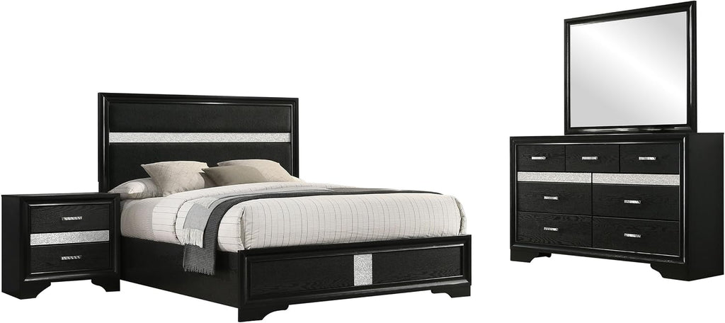Coaster Home Furnishings Miranda Contemporary 4-Piece Bedroom Set Fabric Upholstered Eastern King Size Panel Bed Frame 54-inch Headboard Black 206360KE-S4
