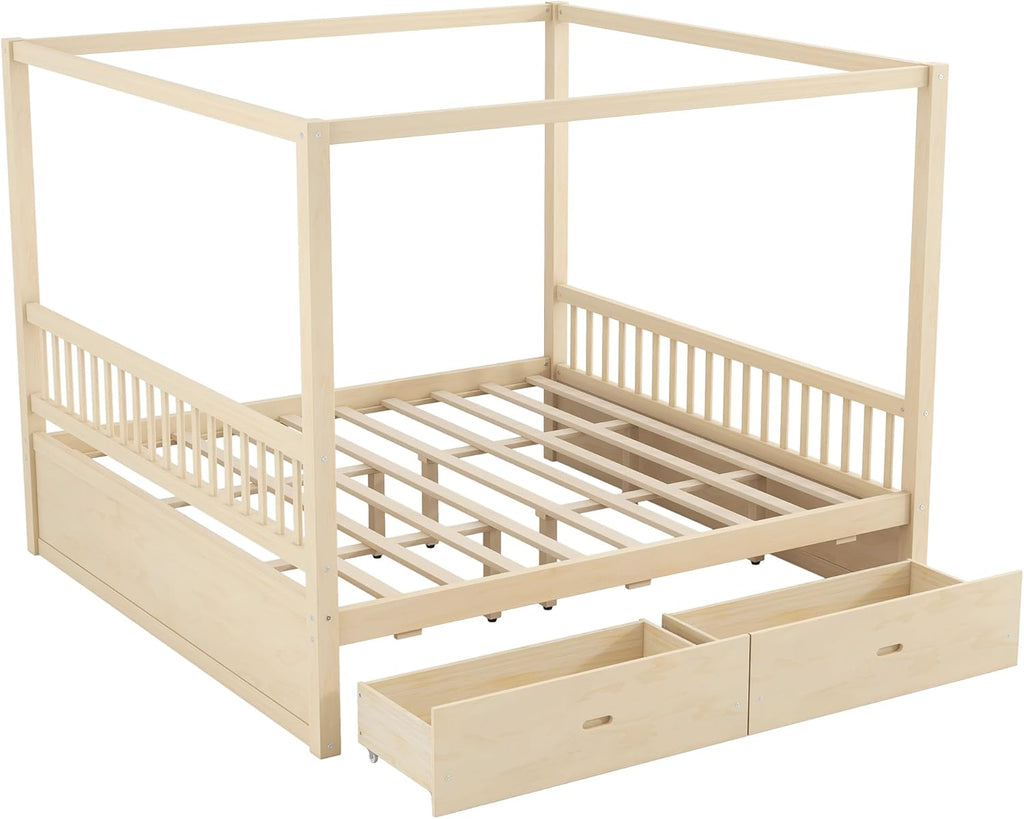 Merax King Size Canopy Bed with Storage, Solid Wood Four Poster Bed Frame with Drawers, No Box Spring Needed, Natural