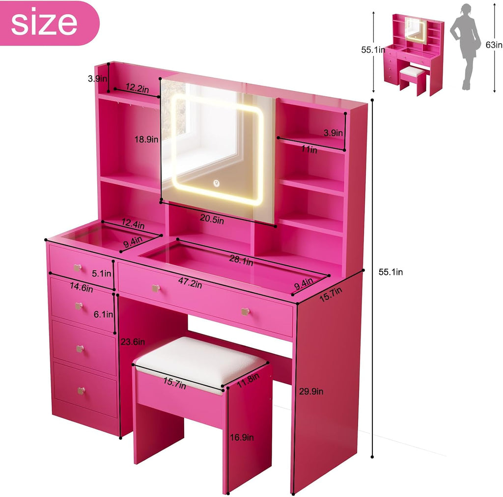 Karl home Makeup Vanity with Lighted Mirror Bedroom Vanity Desk with Charging Station Large Vanity Set with Transparent Desk, Drawers, Cabinet, Shelves for Storage in Bedroom, Pink