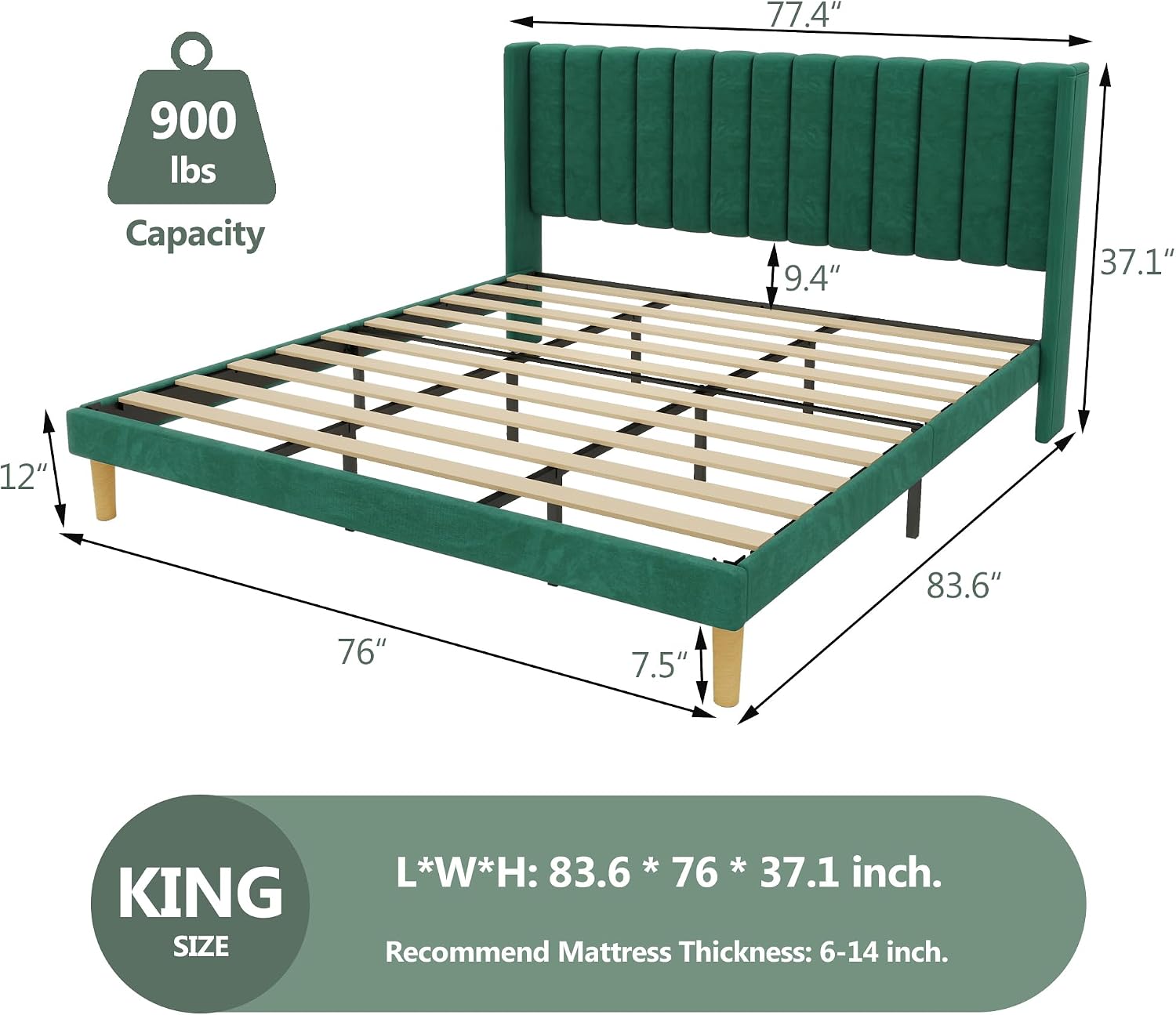 alazyhome Platform Bed Frame King Size with Upholstered Headboard, Solid Wood Slats Support, No Box Spring Needed, Noise Free, Easy Assembly, Modern Velvet Bed, Green