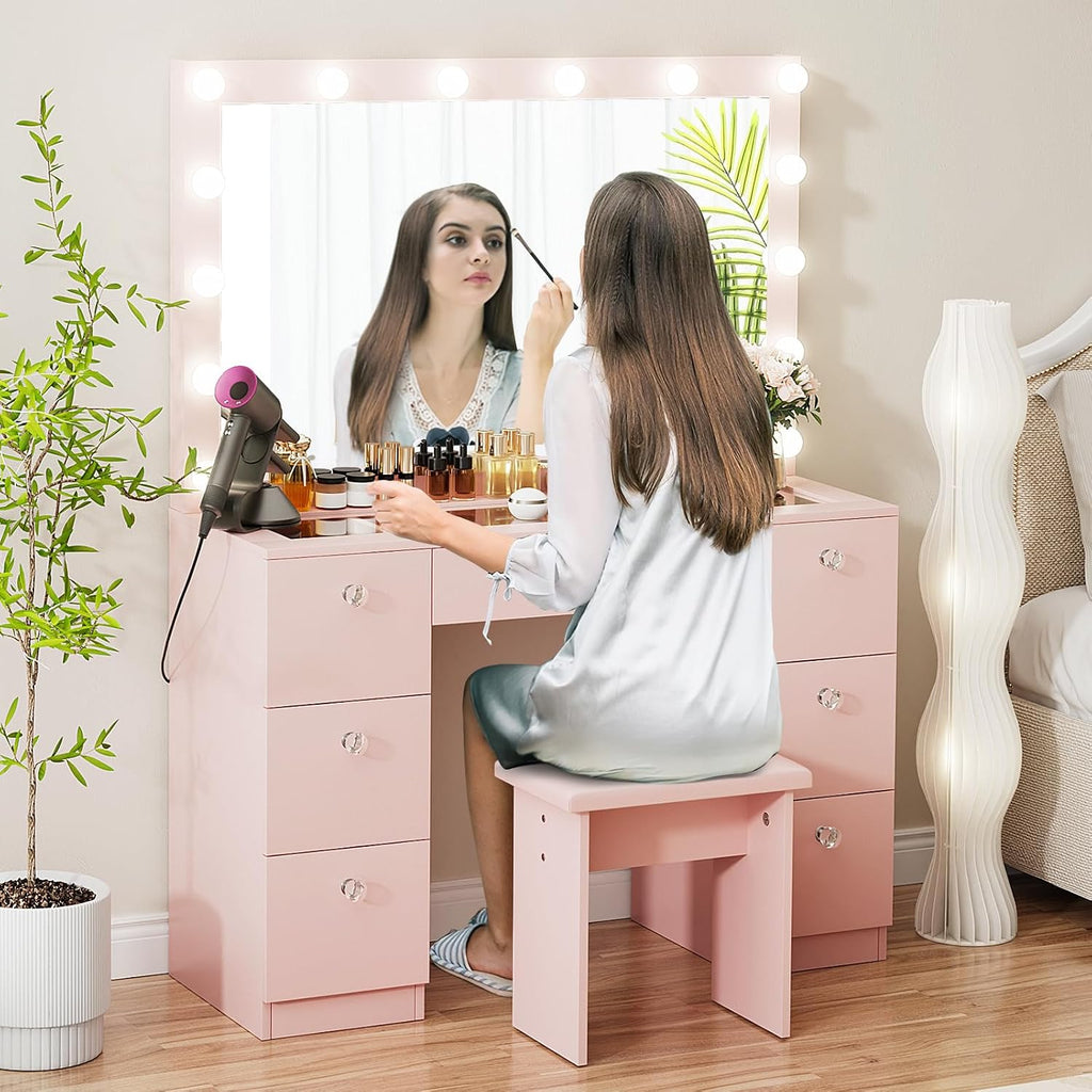 VOWNER Vanity with Lighted Mirror - Glass Top Makeup Vanity Desk with 7 Drawers and Power Outlet, 3 Color Lighting Modes Adjustable Brightness, 44' Vanity Table with Stool for Women Girls, Pink